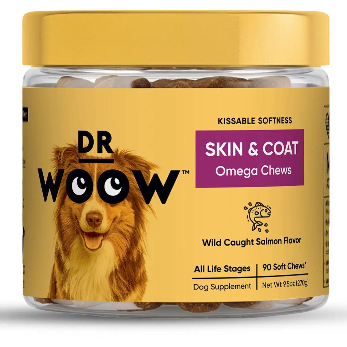 Dr Woow Fur & Skin Care Soft Chews for Dogs, High Protein Salmon Flavor Treats with Biotin & Vitamins, Promotes Shiny Coat, Reduces Dryness, Supports Healthy Skin