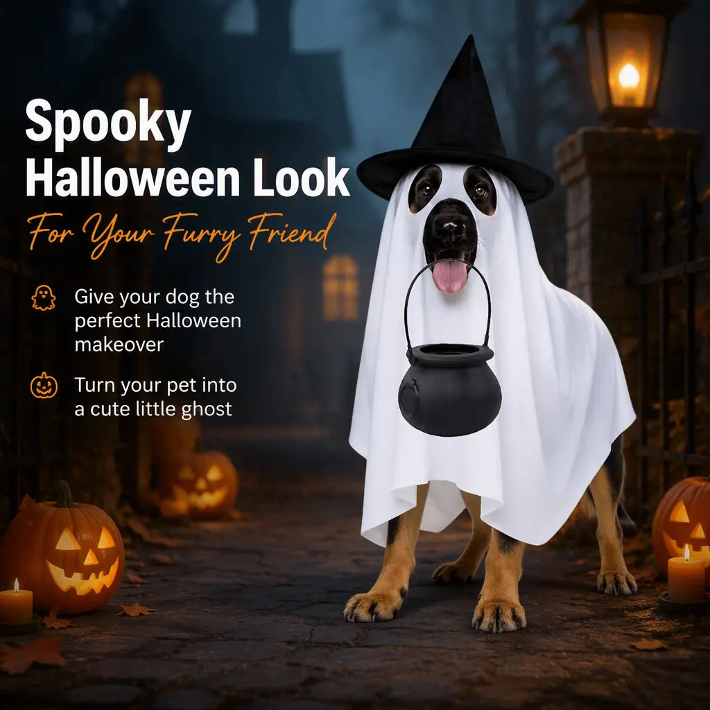 Halloween Dog Costume Ghost Outfit with Witch Hat Cute Pet Costume for Dogs Funny Puppy Halloween Costume Trick or Treat Party Accessories