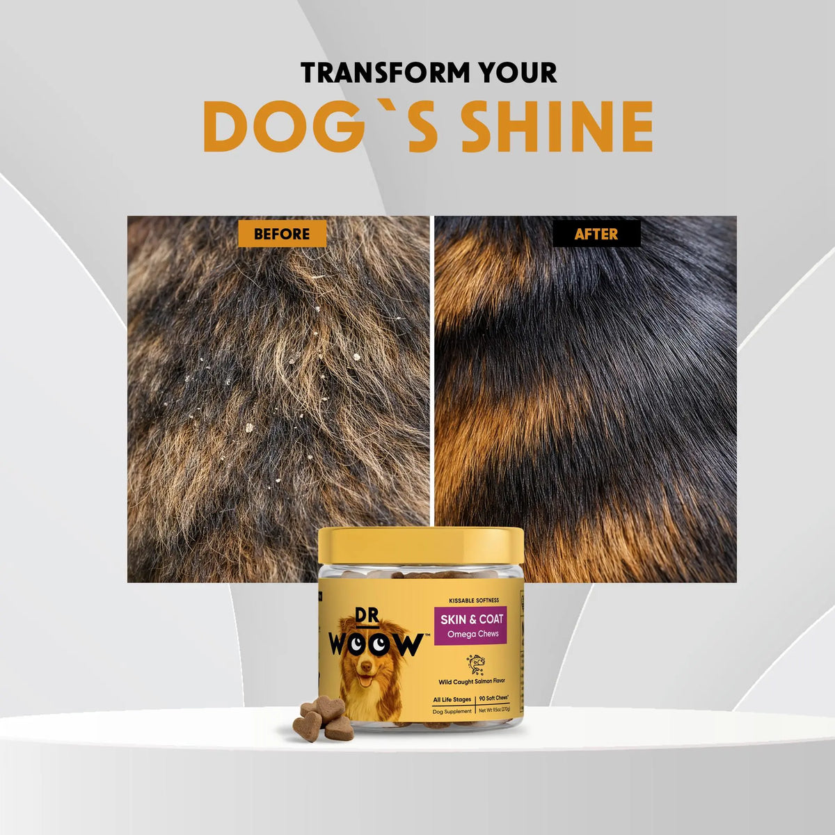 Dr Woow Fur & Skin Care Soft Chews for Dogs, High Protein Salmon Flavor Treats with Biotin & Vitamins, Promotes Shiny Coat, Reduces Dryness, Supports Healthy Skin
