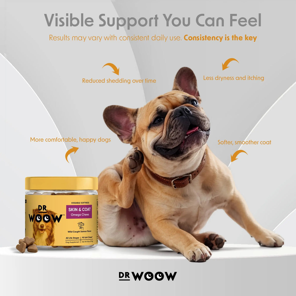 Dr Woow Fur & Skin Care Soft Chews for Dogs, High Protein Salmon Flavor Treats with Biotin & Vitamins, Promotes Shiny Coat, Reduces Dryness, Supports Healthy Skin