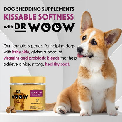 Dr Woow Fur & Skin Care Soft Chews for Dogs, High Protein Salmon Flavor Treats with Biotin & Vitamins, Promotes Shiny Coat, Reduces Dryness, Supports Healthy Skin
