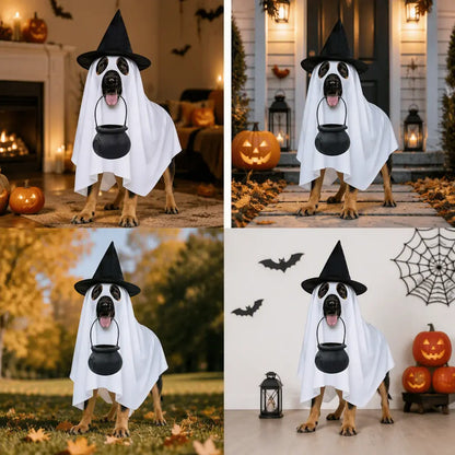 Halloween Dog Costume Ghost Outfit with Witch Hat Cute Pet Costume for Dogs Funny Puppy Halloween Costume Trick or Treat Party Accessories