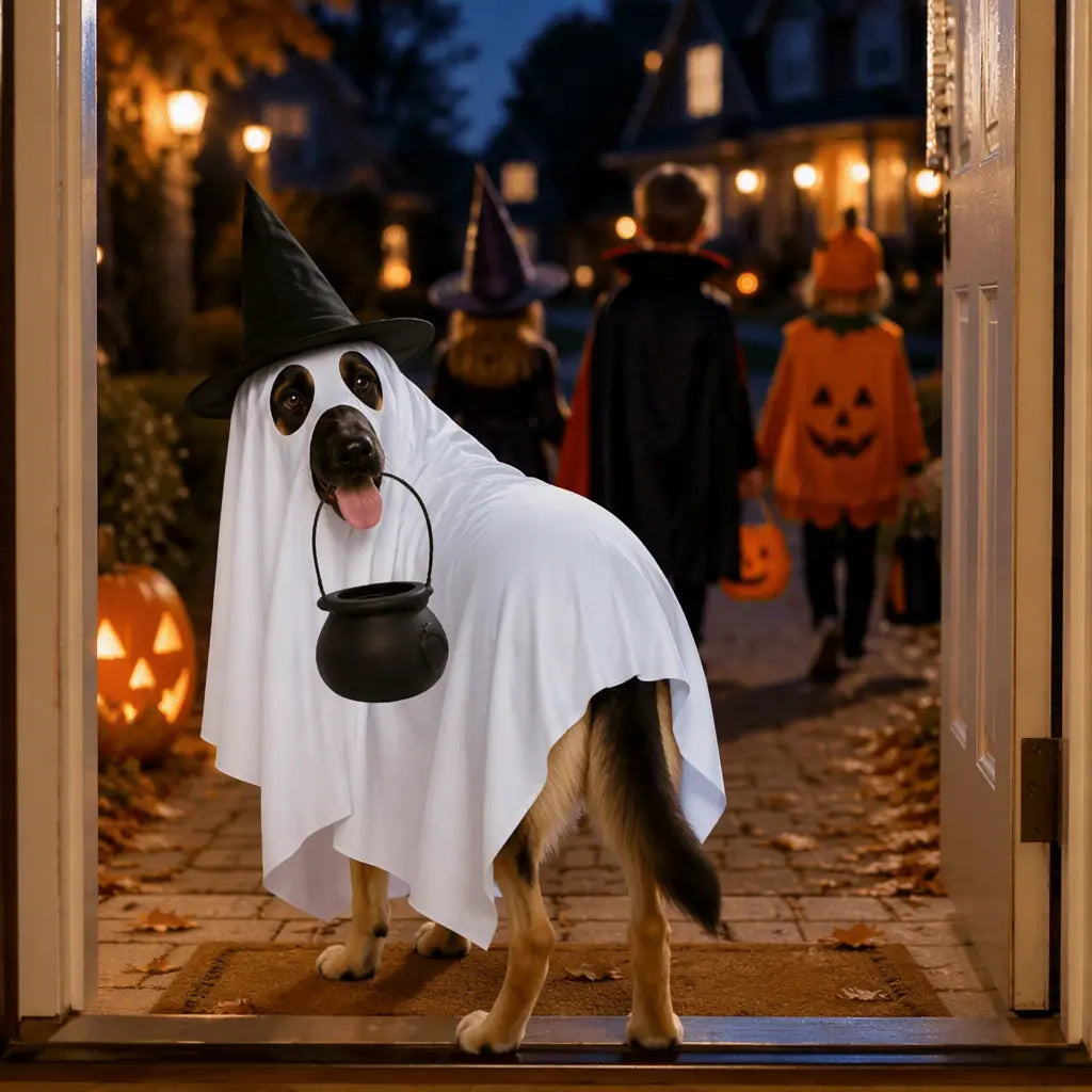 Halloween Dog Costume Ghost Outfit with Witch Hat Cute Pet Costume for Dogs Funny Puppy Halloween Costume Trick or Treat Party Accessories