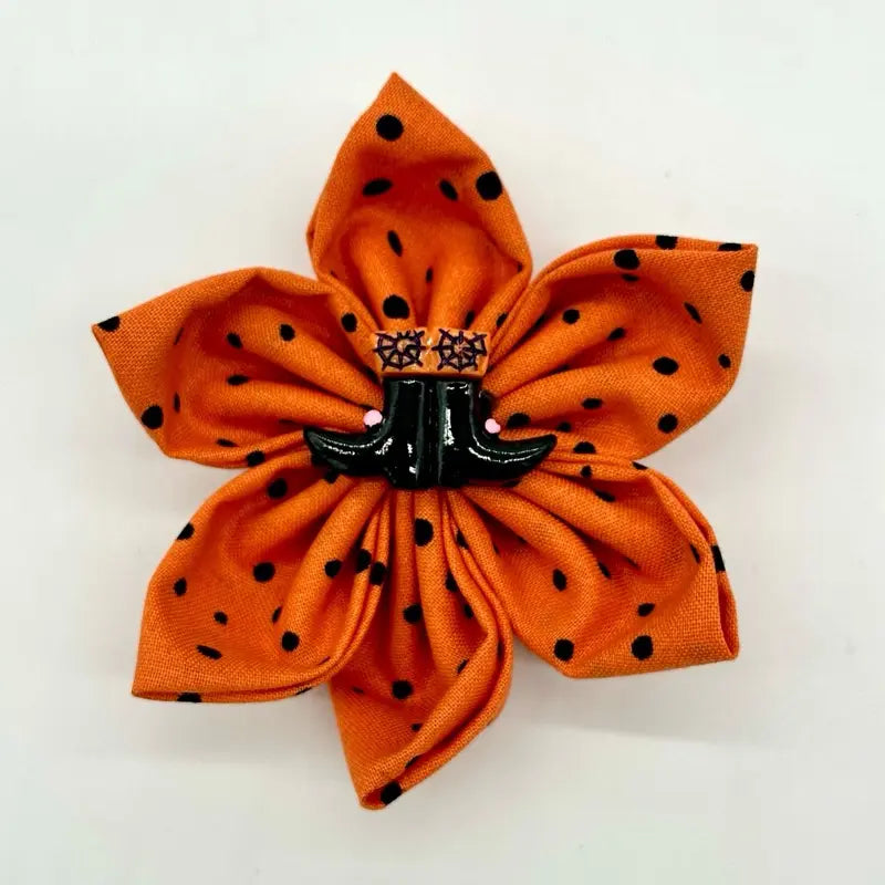 Halloween Collar Flowers for Dogs & Cats - 3 Inch & 4 Inch Options with Orange Polka Dot Design - Handcrafted Cotton Flowers for Festive Halloween Celebrations