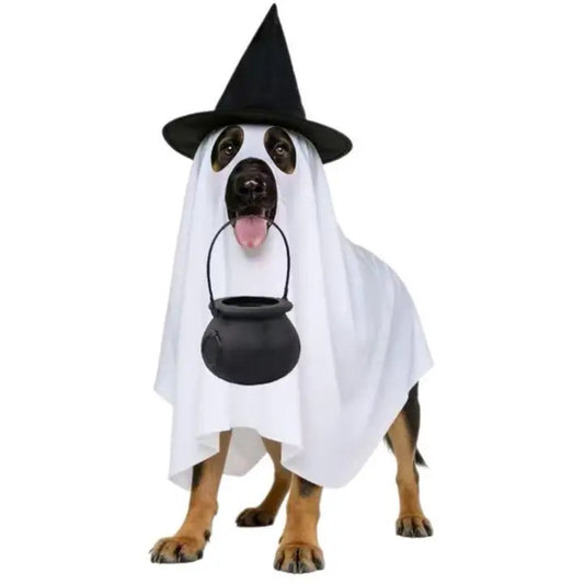 Halloween Dog Costume Ghost Outfit with Witch Hat Cute Pet Costume for Dogs Funny Puppy Halloween Costume Trick or Treat Party Accessories