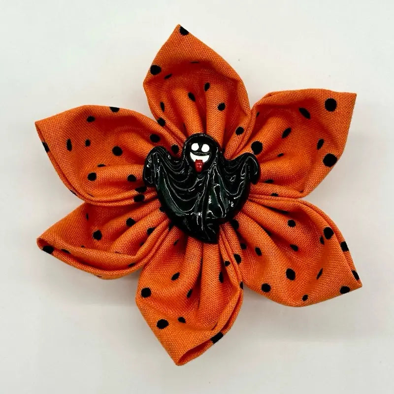 Halloween Collar Flowers for Dogs & Cats - 3 Inch & 4 Inch Options with Orange Polka Dot Design - Handcrafted Cotton Flowers for Festive Halloween Celebrations