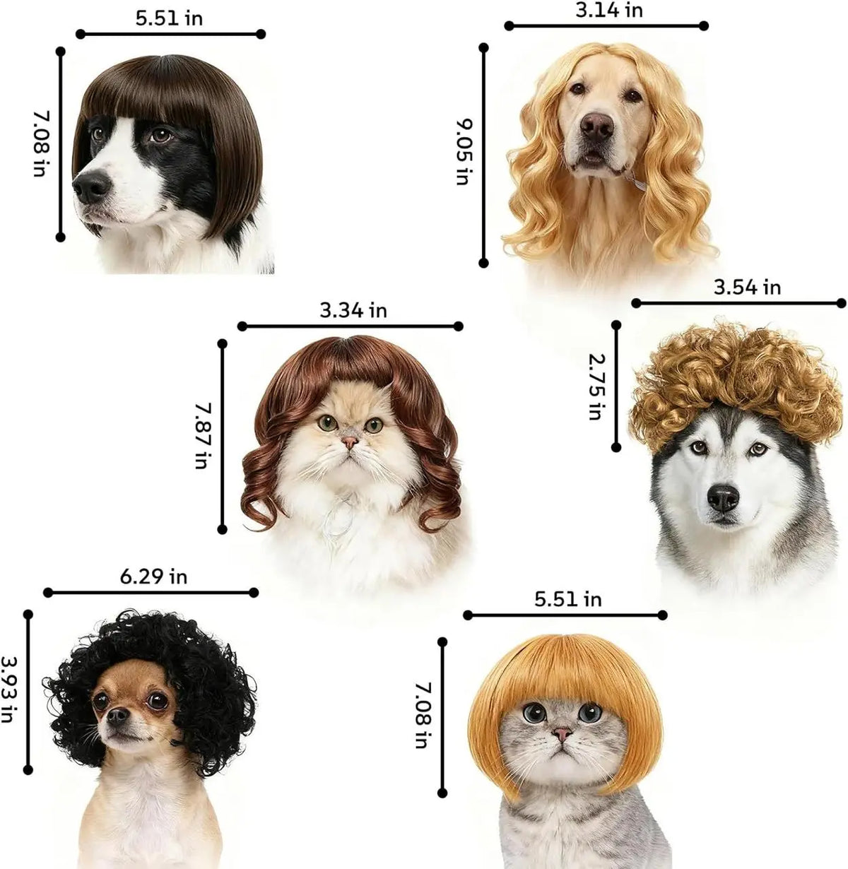 6-Pack Funny Cat & Dog Wigs with Adjustable Straps – Soft Pet Cosplay Costumes for Halloween, Christmas, Parties & Photo Shoots