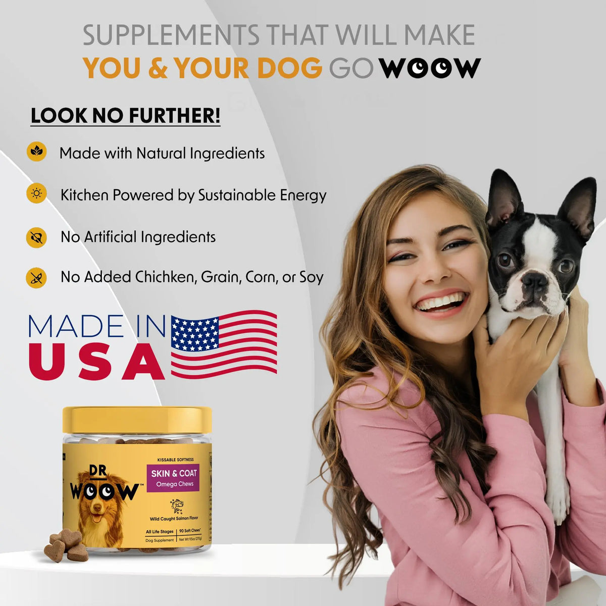 Dr Woow Fur & Skin Care Soft Chews for Dogs, High Protein Salmon Flavor Treats with Biotin & Vitamins, Promotes Shiny Coat, Reduces Dryness, Supports Healthy Skin