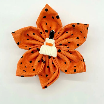 Halloween Collar Flowers for Dogs & Cats - 3 Inch & 4 Inch Options with Orange Polka Dot Design - Handcrafted Cotton Flowers for Festive Halloween Celebrations