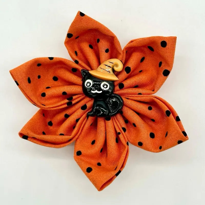 Halloween Collar Flowers for Dogs & Cats - 3 Inch & 4 Inch Options with Orange Polka Dot Design - Handcrafted Cotton Flowers for Festive Halloween Celebrations