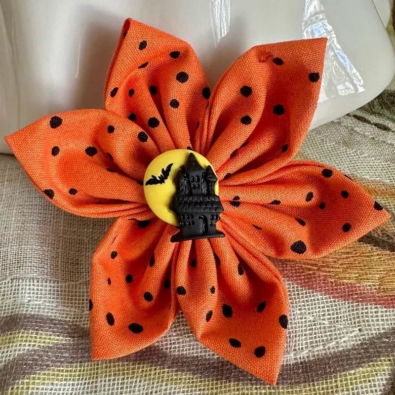 Halloween Collar Flowers for Dogs & Cats - 3 Inch & 4 Inch Options with Orange Polka Dot Design - Handcrafted Cotton Flowers for Festive Halloween Celebrations