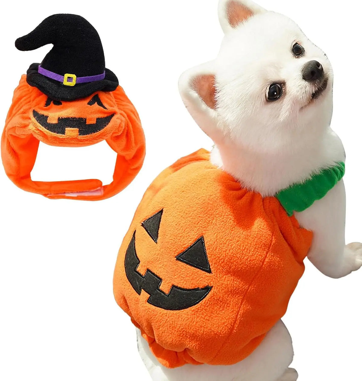 Halloween Pumpkin Dog Costume with Witch Hat, Cute Pet Pumpkin Outfit Warm Fleece Puppy Clothes for Small Medium Dogs Cats Halloween Party Cosplay Dress Up