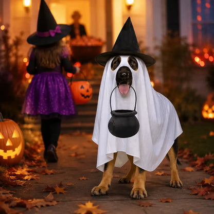 Halloween Dog Costume Ghost Outfit with Witch Hat Cute Pet Costume for Dogs Funny Puppy Halloween Costume Trick or Treat Party Accessories