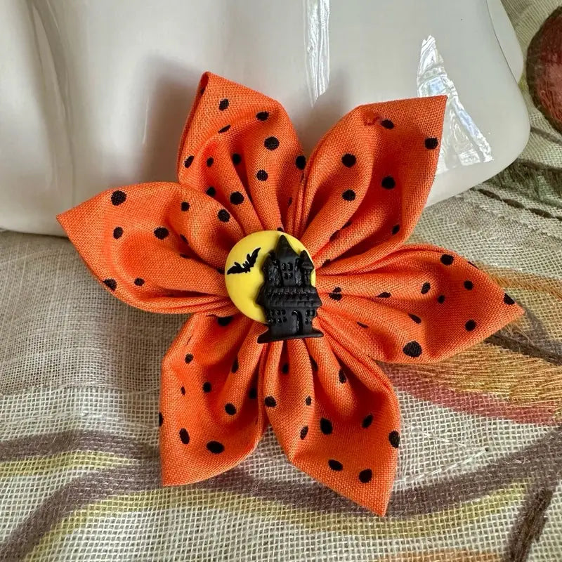 Halloween Collar Flowers for Dogs & Cats - 3 Inch & 4 Inch Options with Orange Polka Dot Design - Handcrafted Cotton Flowers for Festive Halloween Celebrations