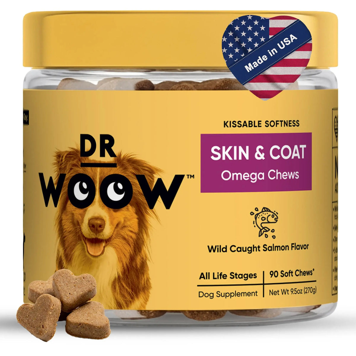 Dr Woow Fur & Skin Care Soft Chews for Dogs, High Protein Salmon Flavor Treats with Biotin & Vitamins, Promotes Shiny Coat, Reduces Dryness, Supports Healthy Skin