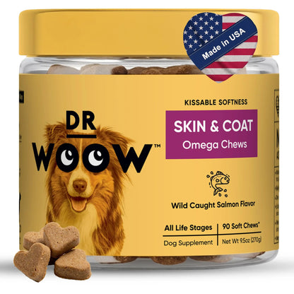 Dr Woow Fur & Skin Care Soft Chews for Dogs, High Protein Salmon Flavor Treats with Biotin & Vitamins, Promotes Shiny Coat, Reduces Dryness, Supports Healthy Skin