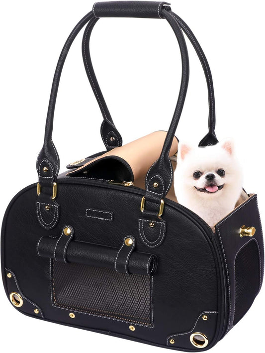Dog Carrier Purse, Pet Carrier, Foldable Waterproof Premium PU Leather Pet Travel Portable Bag Carrier for Cat and Small Dog Home & Outdoor Small Black