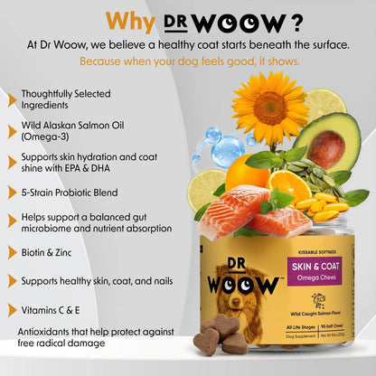 Dr Woow Fur & Skin Care Soft Chews for Dogs, High Protein Salmon Flavor Treats with Biotin & Vitamins, Promotes Shiny Coat, Reduces Dryness, Supports Healthy Skin