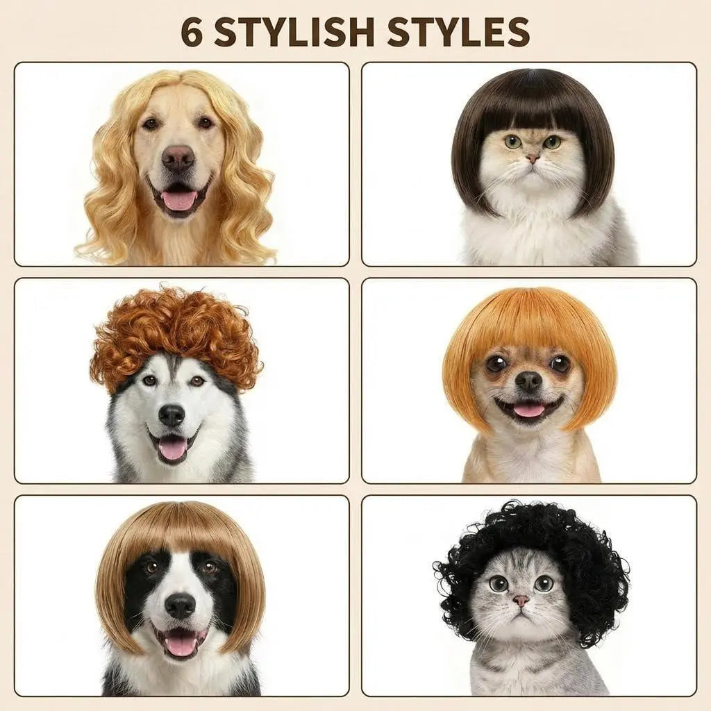 6-Pack Funny Cat & Dog Wigs with Adjustable Straps – Soft Pet Cosplay Costumes for Halloween, Christmas, Parties & Photo Shoots
