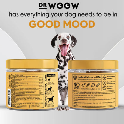 Dr Woow Fur & Skin Care Soft Chews for Dogs, High Protein Salmon Flavor Treats with Biotin & Vitamins, Promotes Shiny Coat, Reduces Dryness, Supports Healthy Skin